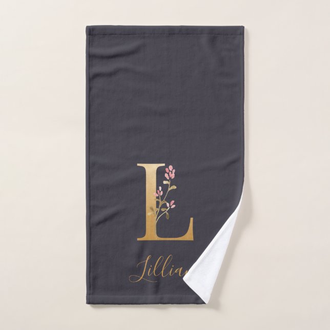 Personalised Gold Blue Elegant Floral Monogram L   Bath Towel Set (Hand Towel)