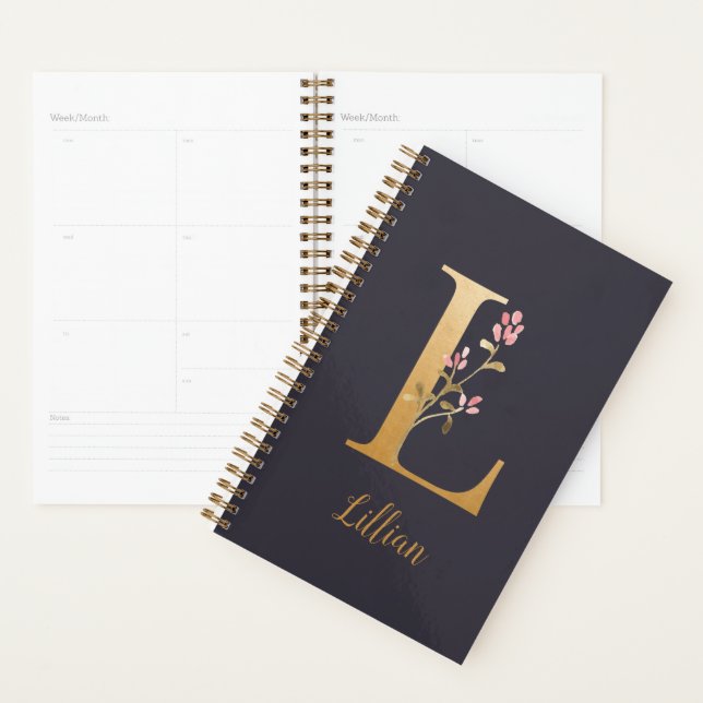 Personalised Gold Blue Elegant Floral Monogram L Planner (Display)