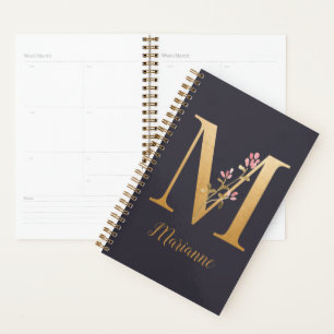 Personalised Gold Blue Elegant Floral Monogram M Planner