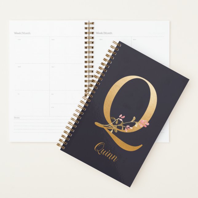 Personalised Gold Blue Elegant Floral Monogram Q Planner (Display)