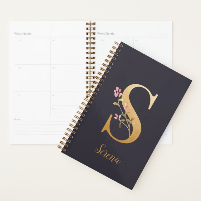 Personalised Gold Blue Elegant Floral Monogram S Planner (Display)
