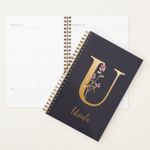 Personalised Gold Blue Elegant Floral Monogram U Planner