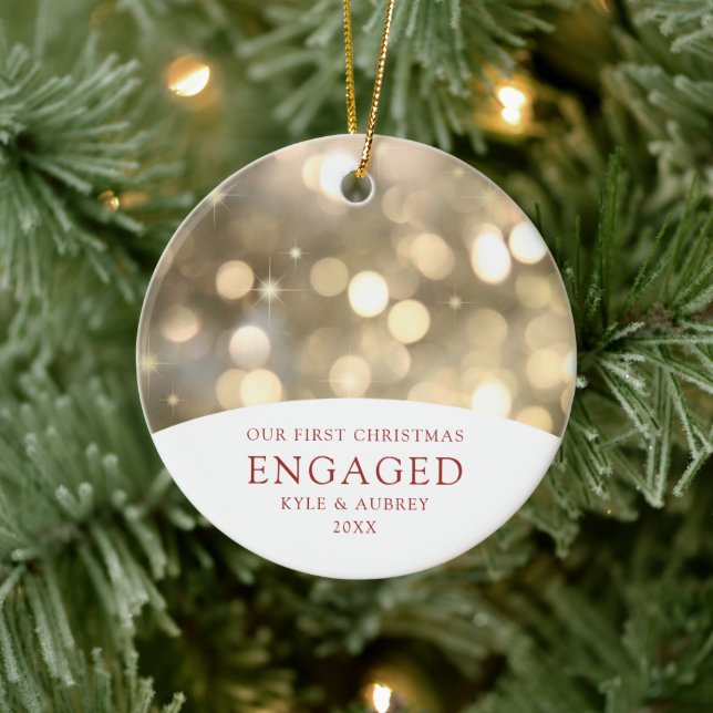 Personalised Gold Bokeh Lights Engaged Couple Ceramic Ornament (Tree)