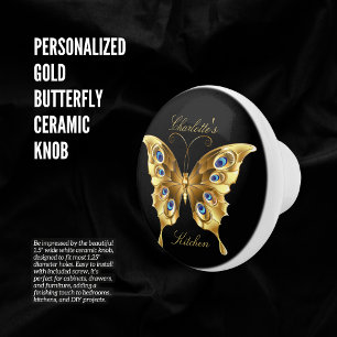 Personalised Gold Butterfly Black Ceramic Knob