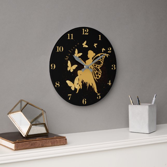 Personalised Gold Butterfly Fairy Large Clock (Office)