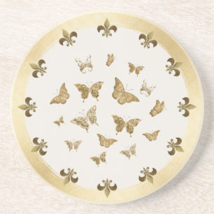 Personalised gold Butterfly Fleur de Lis Coaster