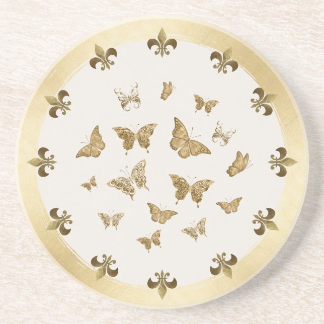 Personalised gold Butterfly Fleur de Lis Coaster (Front)