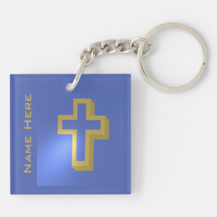 Personalised Gold Christian Religious Cross Blue Key Ring
