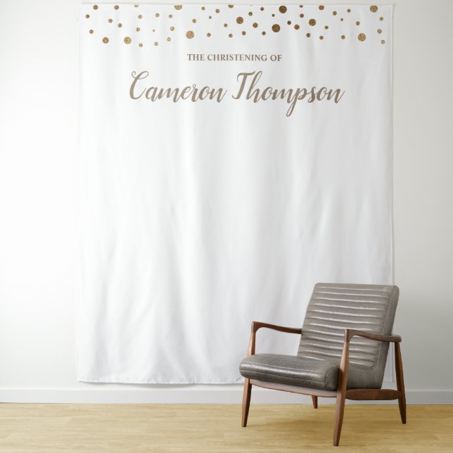 Personalised Gold Confetti Christening Backdrop Tapestry (In Situ)