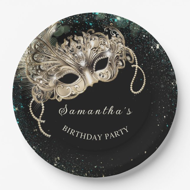 Personalised Gold Emerald Green Masquerade Party Paper Plate (Front)