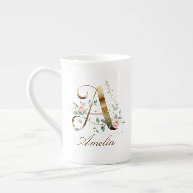 Personalised Gold Floral Monogram Initial A Bone China Mug (Left)