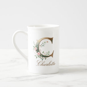 Personalised Gold Floral Monogram Initial C Bone China Mug