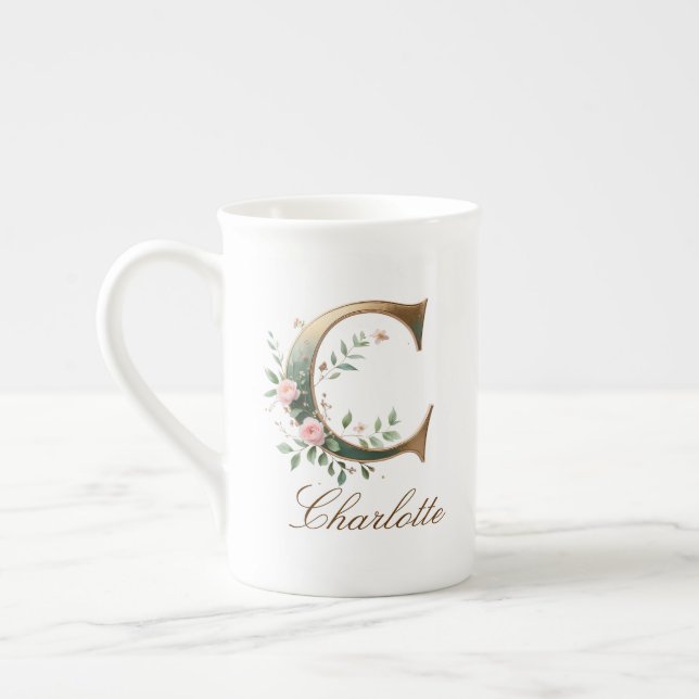 Personalised Gold Floral Monogram Initial C Bone China Mug (Left)