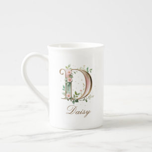 Personalised Gold Floral Monogram Initial D Bone China Mug