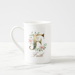 Personalised Gold Floral Monogram Initial F Bone China Mug