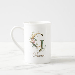 Personalised Gold Floral Monogram Initial G Bone China Mug