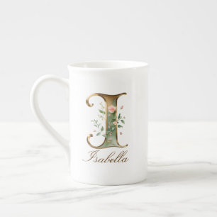 Personalised Gold Floral Monogram Initial I Bone China Mug