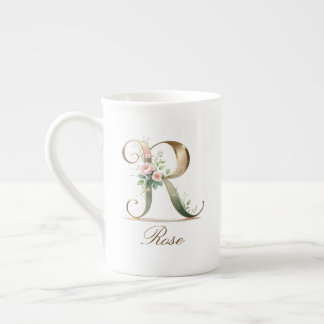 Personalised Gold Floral Monogram Initial R Bone China Mug