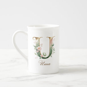Personalised Gold Floral Monogram Initial U Bone China Mug