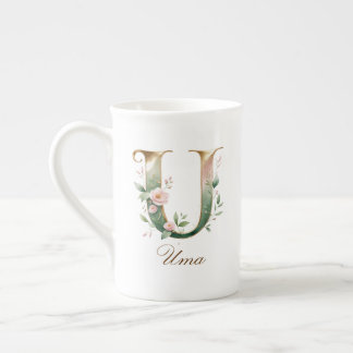 Personalised Gold Floral Monogram Initial U Bone China Mug