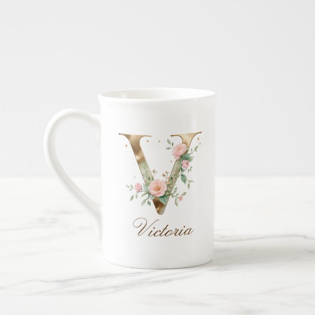 Personalised Gold Floral Monogram Initial V Bone China Mug (Left)