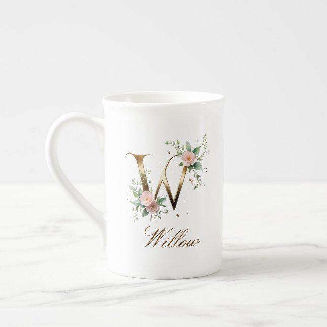 Personalised Gold Floral Monogram Initial W Bone China Mug (Left)