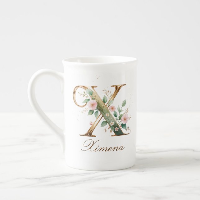 Personalised Gold Floral Monogram Initial X Bone China Mug (Left)