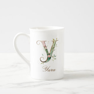 Personalised Gold Floral Monogram Initial Y Bone China Mug