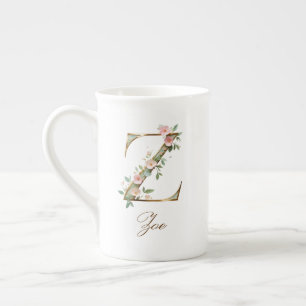 Personalised Gold Floral Monogram Initial Z Bone China Mug