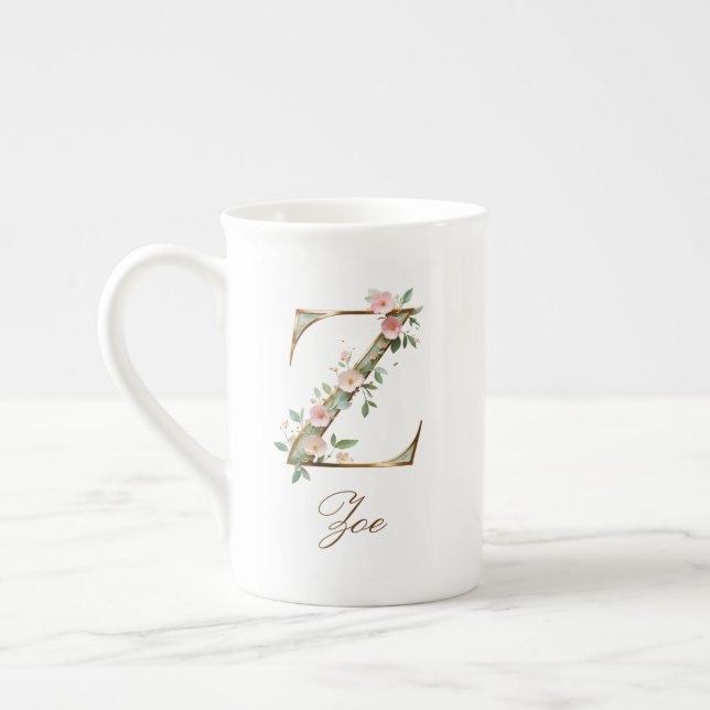 Personalised Gold Floral Monogram Initial Z Bone China Mug (Left)