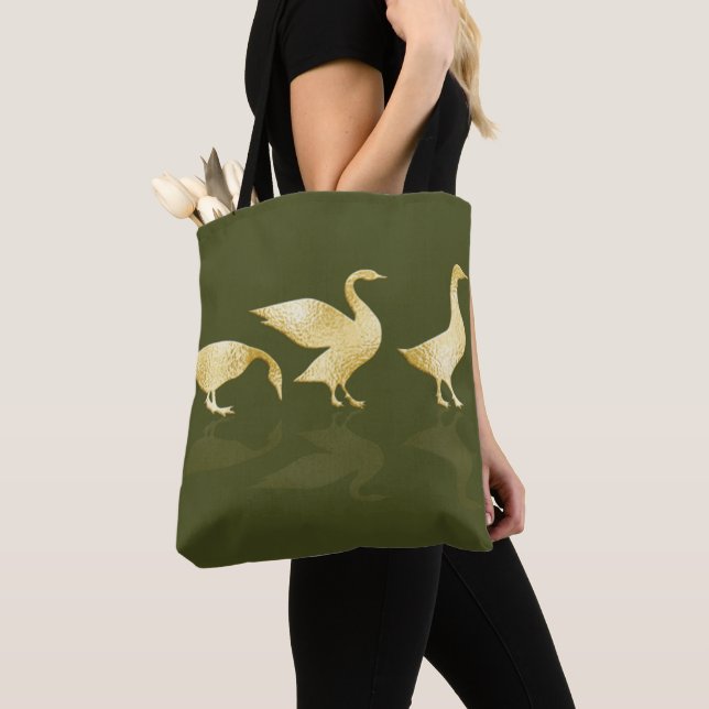 Personalised Gold Foil Geese Sage Green Tote Bag (Close Up)
