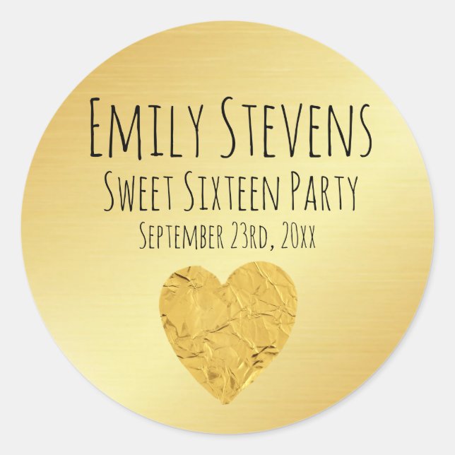 Personalised Gold Foil Heart Sweet 16 Sticker (Front)