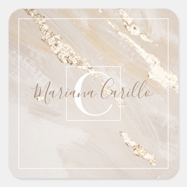 Personalised Gold Foil Marble Monogram  Square Sticker (Front)