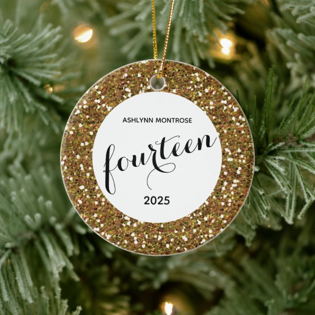 Personalised Gold Glitter 14th Birthday Ceramic Ornament (Tree)