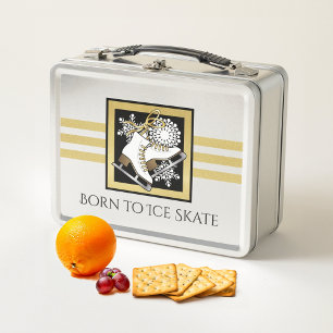 Personalised Gold Glitter Black White Ice Skate Metal Lunch Box
