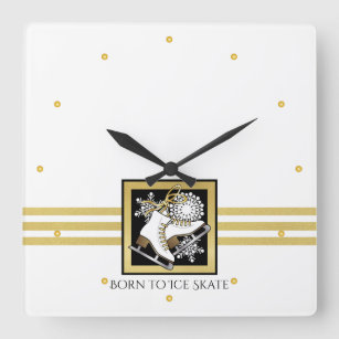 Personalised Gold Glitter Black White Ice Skate Square Wall Clock