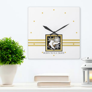 Personalised Gold Glitter Black White Ice Skate Square Wall Clock