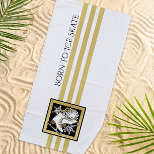 Personalised Gold Glitter Black White Ice Skating Beach Towel