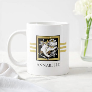 Personalised Gold Glitter Black White Ice Skating Large Coffee Mug