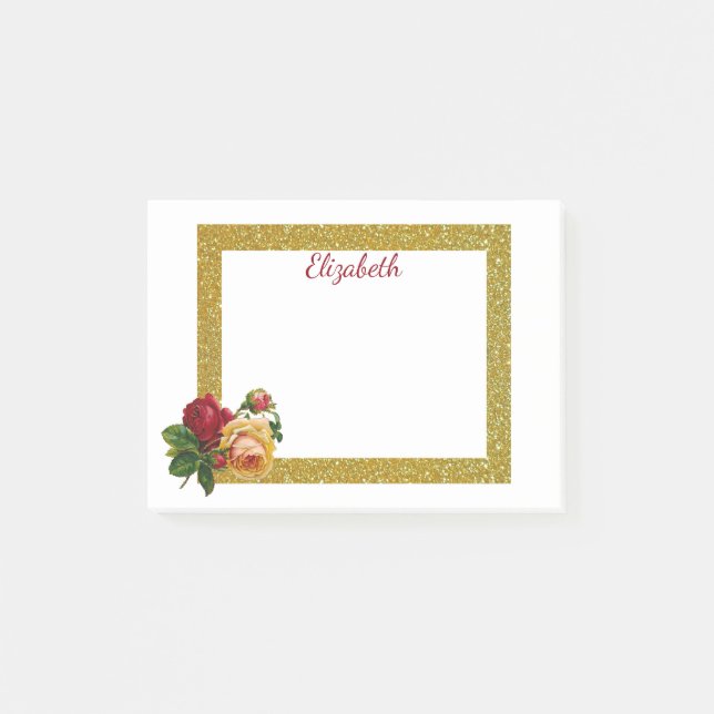 Personalised Gold Glitter Border with Rose Post-it Notes (Front)