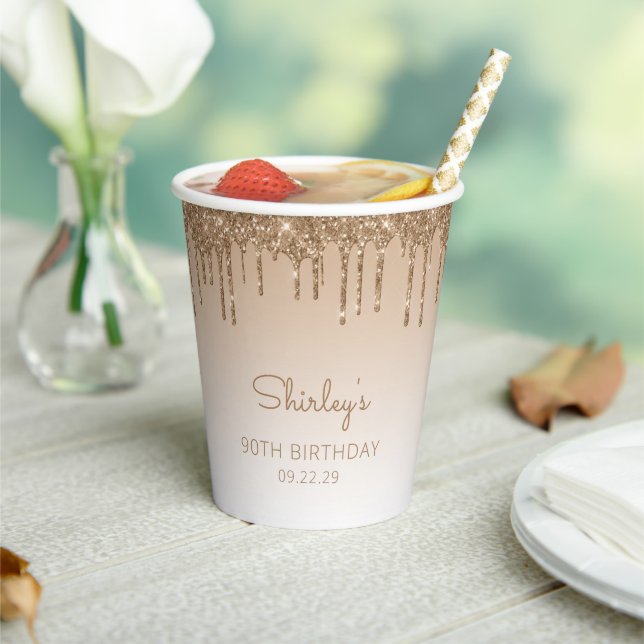 Personalised Gold Glitter Drip 90th Birthday Party Paper Cups (Insitu)