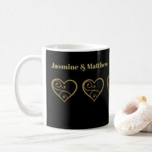 Personalised Gold Glitter Hearts on Black Coffee Mug