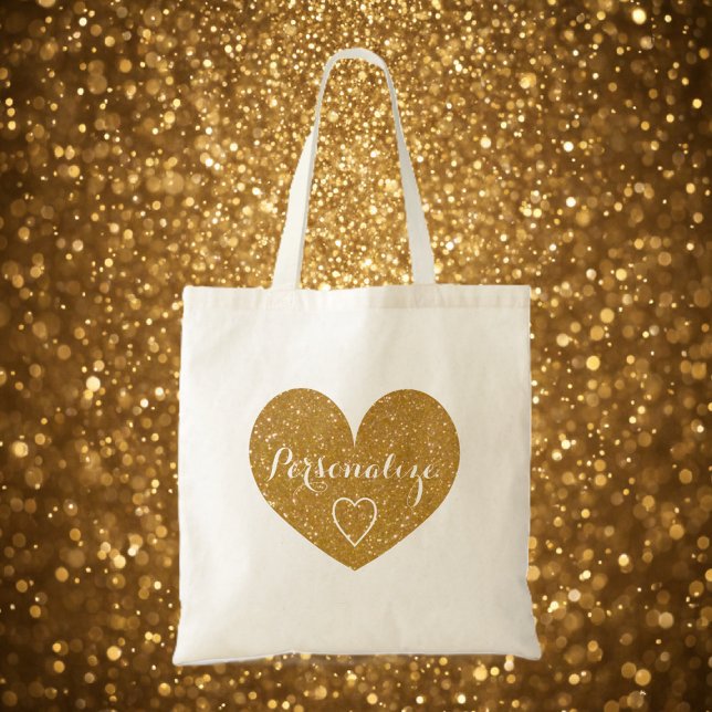 Personalised gold glitter love heart tote bag (gold heart tote bag)