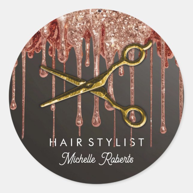 Personalised Gold Glitter Scissors Hair Salon Classic Round Sticker (Front)