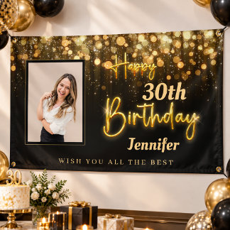 Personalised Gold Glossy Happy Birthday Black Banner