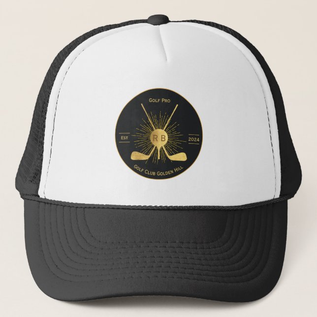 Personalised Gold Golf Clubs Trucker Hat (Front)