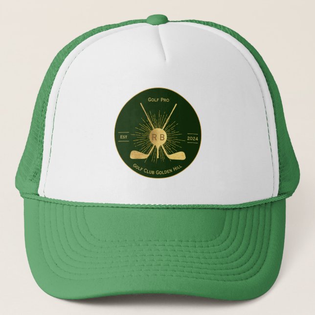 Personalised Gold Golf Clubs Trucker Hat (Front)