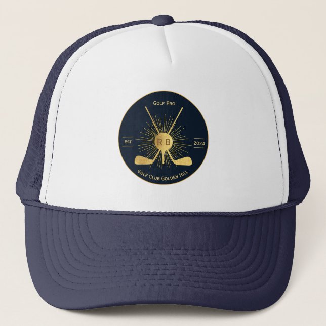 Personalised Gold Golf Clubs Trucker Hat (Front)