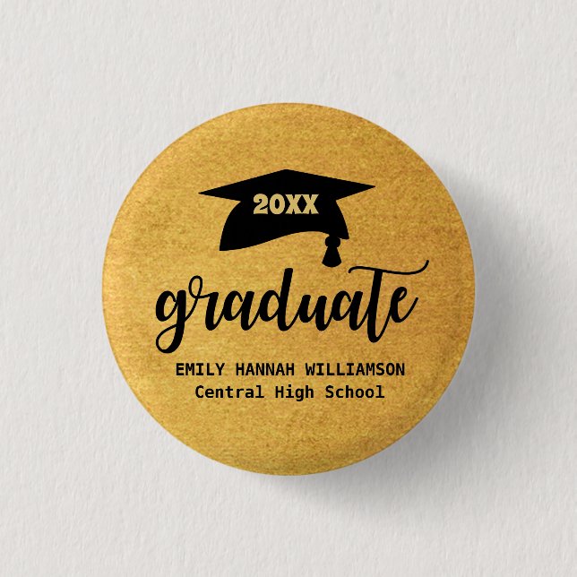 Personalised Gold Graduation Mortar Board 3 Cm Round Badge (Front)