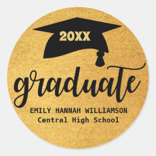 Personalised Gold Graduation Mortar Board Classic Round Sticker